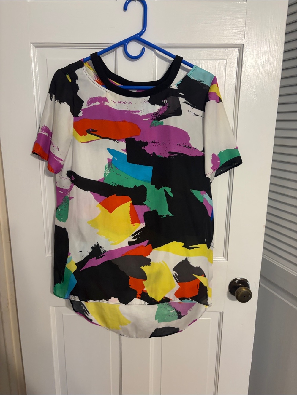 Adrienne Vittadini Multicolor Abstract Print Short Sleeve Blouse